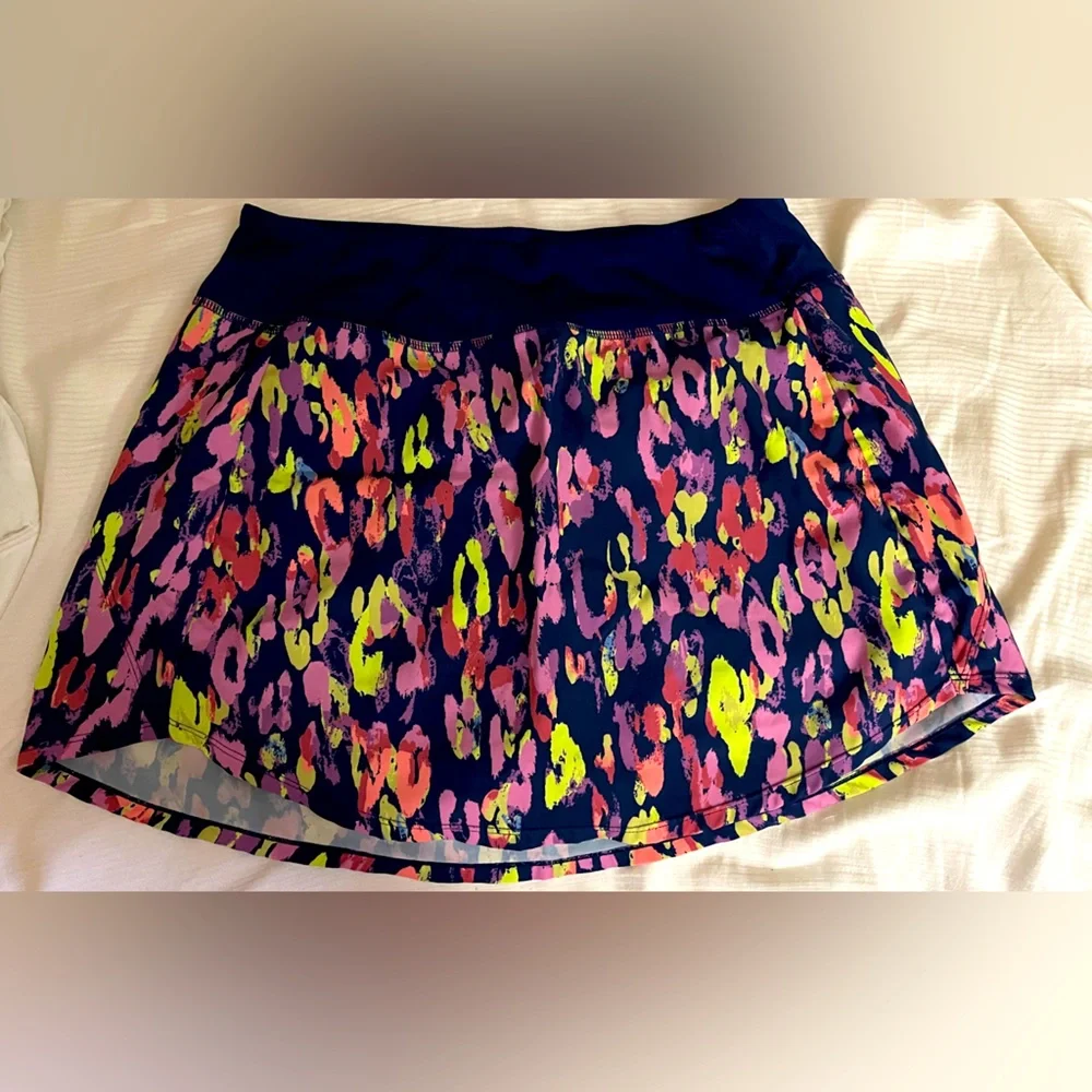 ZELOS navy/blue tennis skirt/skort, mauve & neon yellow leopard spots, Like New - Picture 1 of 6